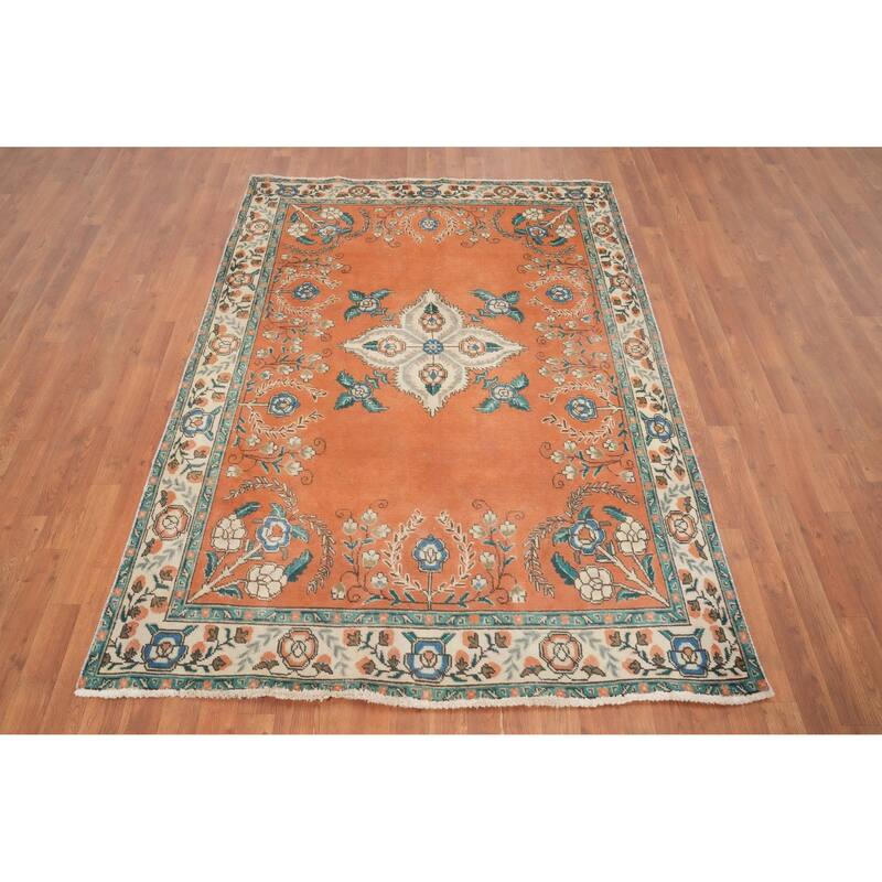 Hand Knotted Oriental 100% Wool Carpet Traditional Floral Oranges & Rust Tabriz Area Rug - 6' 10'' X 5' 0''