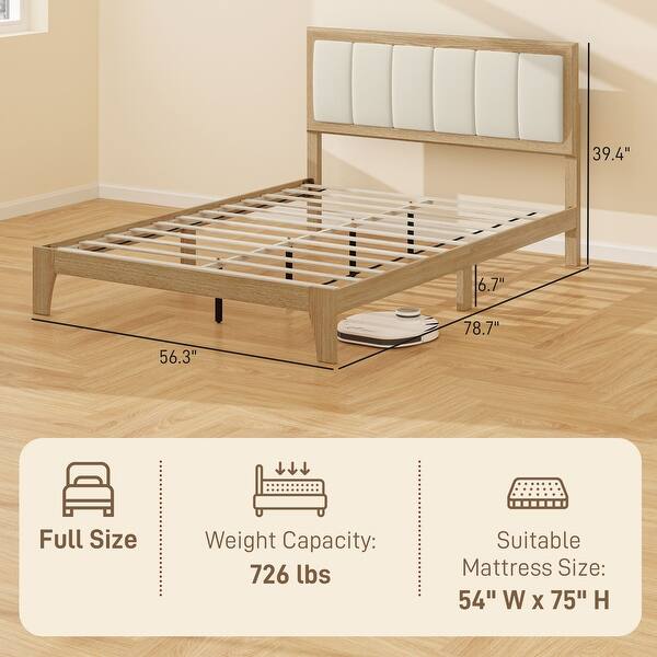 dimension image slide 1 of 7, HOMCOM Full Size Bed Frame with Upholstered Headboard, Platform Bed Frame with Wooden Slats
