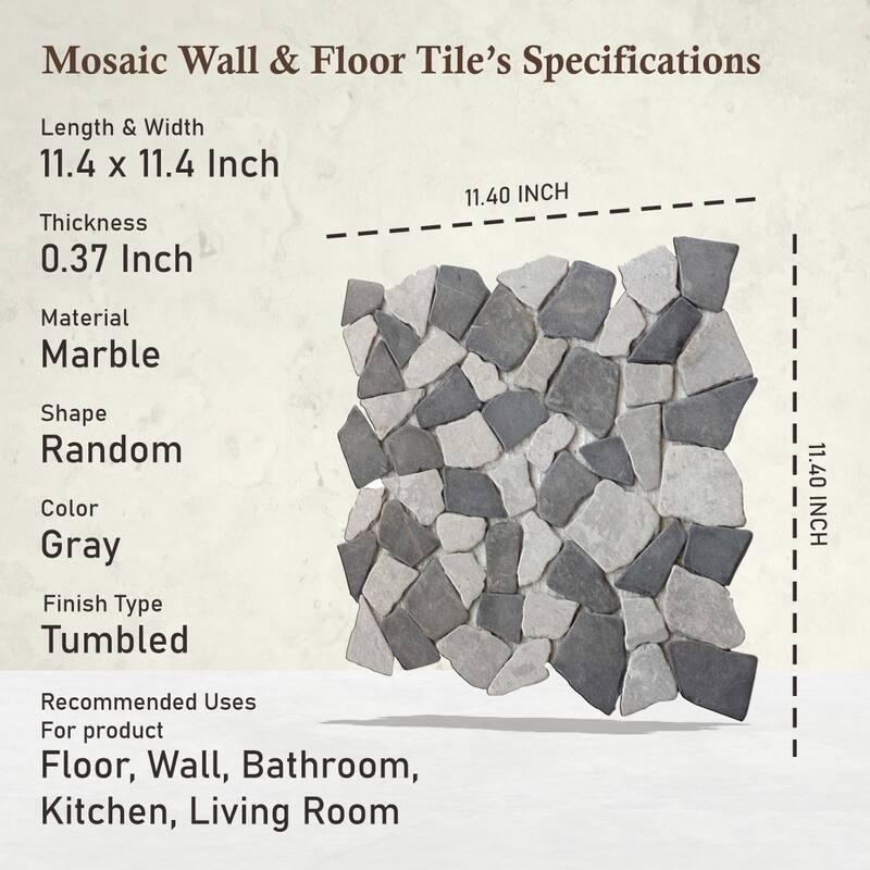 Stone Grey Random Marble Mosaic, Back Splash Tiles for Kitchen Walls, Shower Bathroom Floors 11.4" X 11.4" (4.5 Sqft per case)