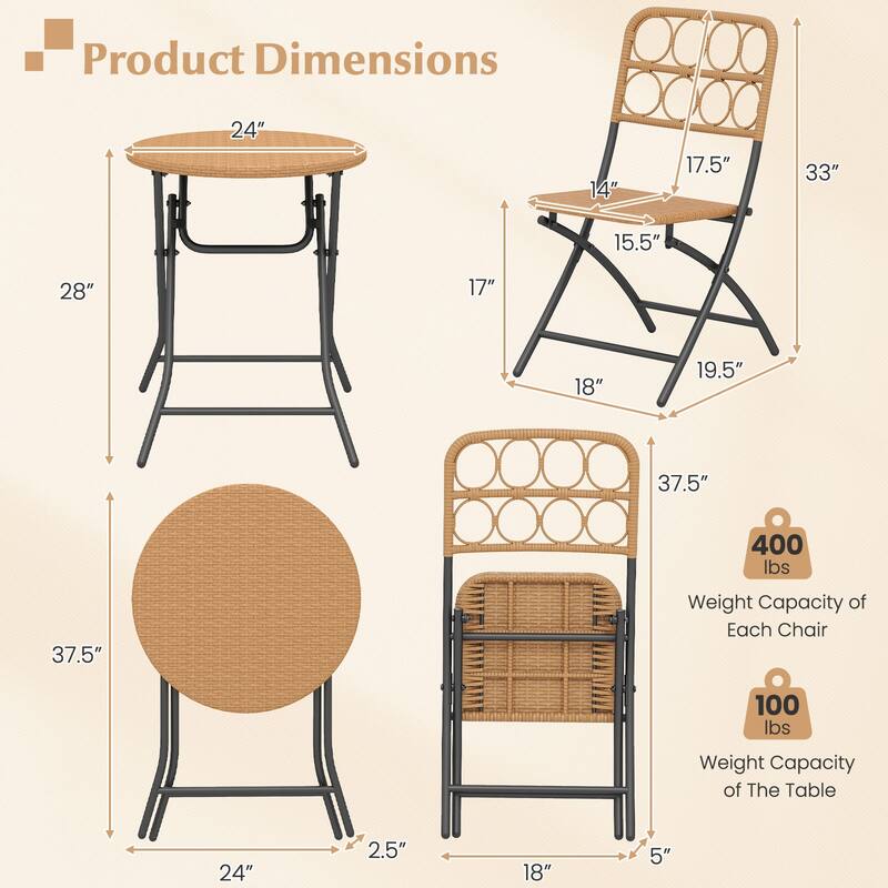 3-Piece Light Brown Wicker Patio Bistro Set with Folding Table and Chairs for Outdoor Dining - Table: 24"Dia x 28"H
