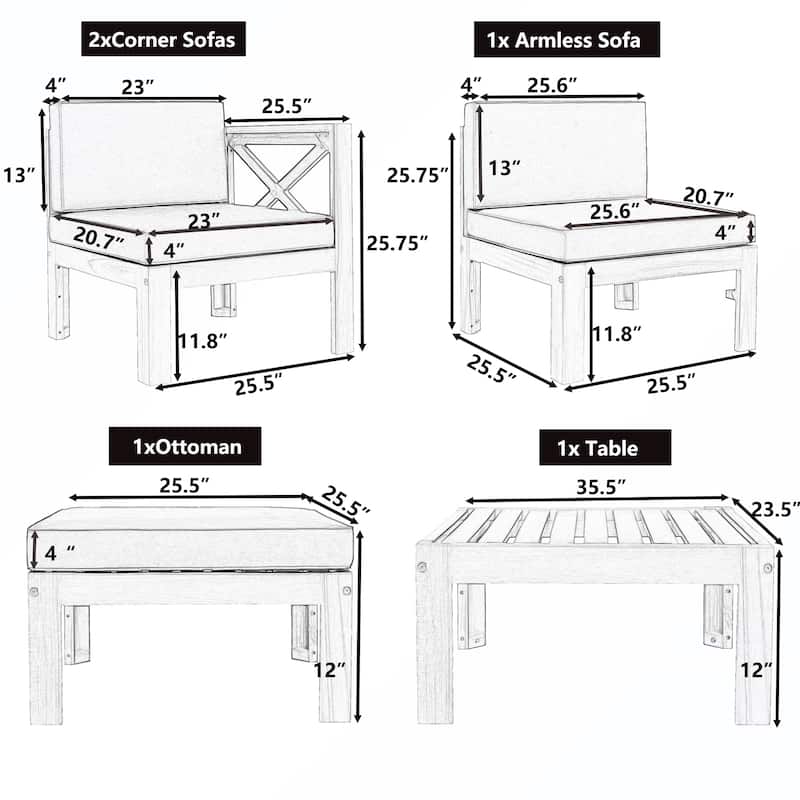 5PCS Wooden Sectional Sofa with Cushions