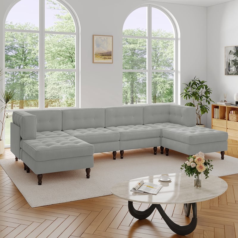 130"W Corduroy Upholstered Modular Sectional Sofa with Storage Ottoman - Light Grey