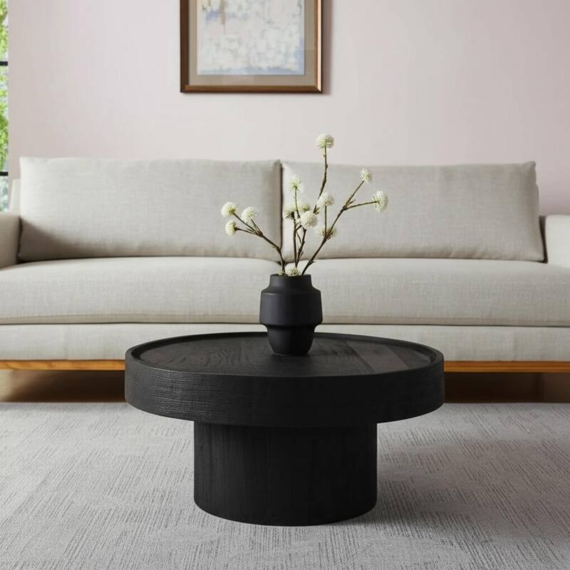 HomeRoots 28" Black Solid Wood Round Pedestal Coffee Table - 28.00 in. x 13.30 in. x 28.00 in. - Black