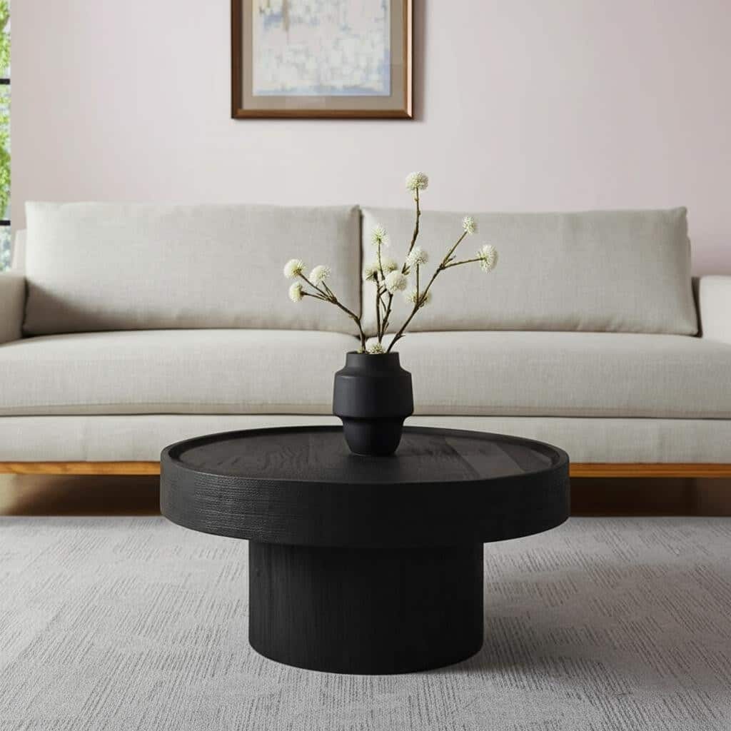 HomeRoots 28" Black Solid Wood Round Pedestal Coffee Table - 28.00 in. x 13.30 in. x 28.00 in.