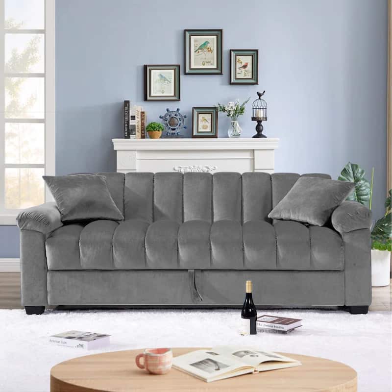 82.7'' Velvet Storage Convertible Sofa Sleeper Couch with 2 Pillows - Grey