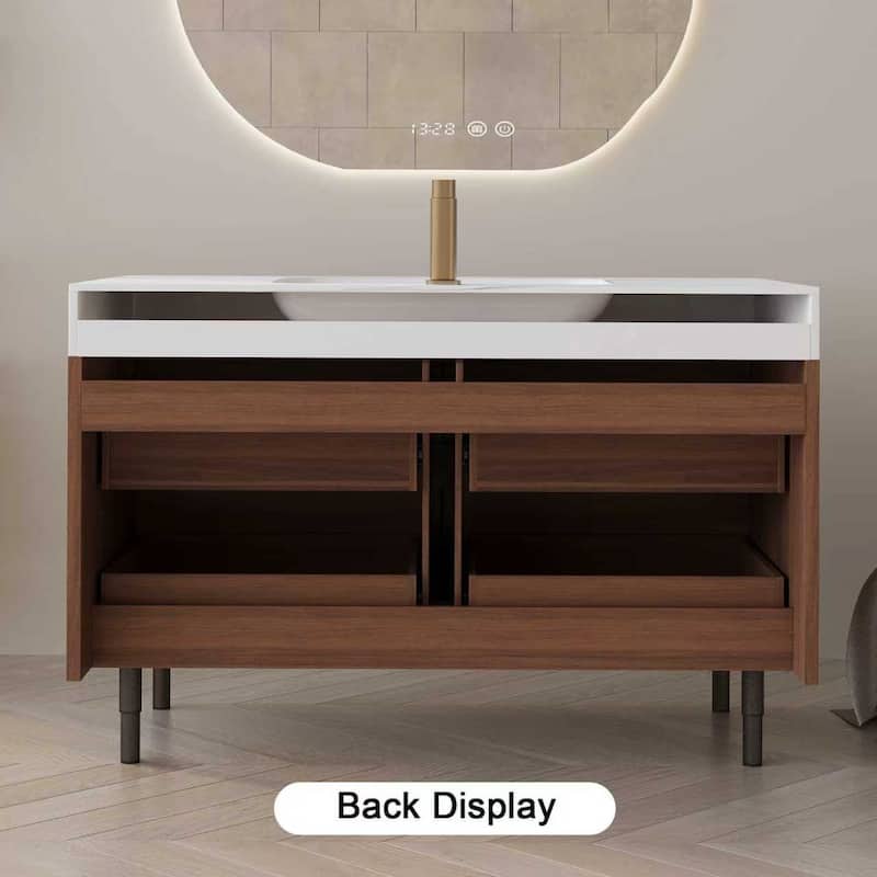 Freestanding/Wall-Mounted Bathroom Vanity with Sink, 4 Storage Drawers, Waterproof Solid Wood Frame and Detachable Iron Legs