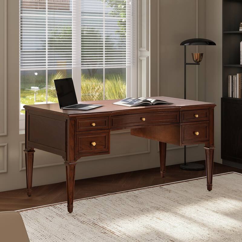 Dauphin 55" Solid Wood 5-Drawer Gold Accent Executive Desk - Walnut Dark Brown Ashwood