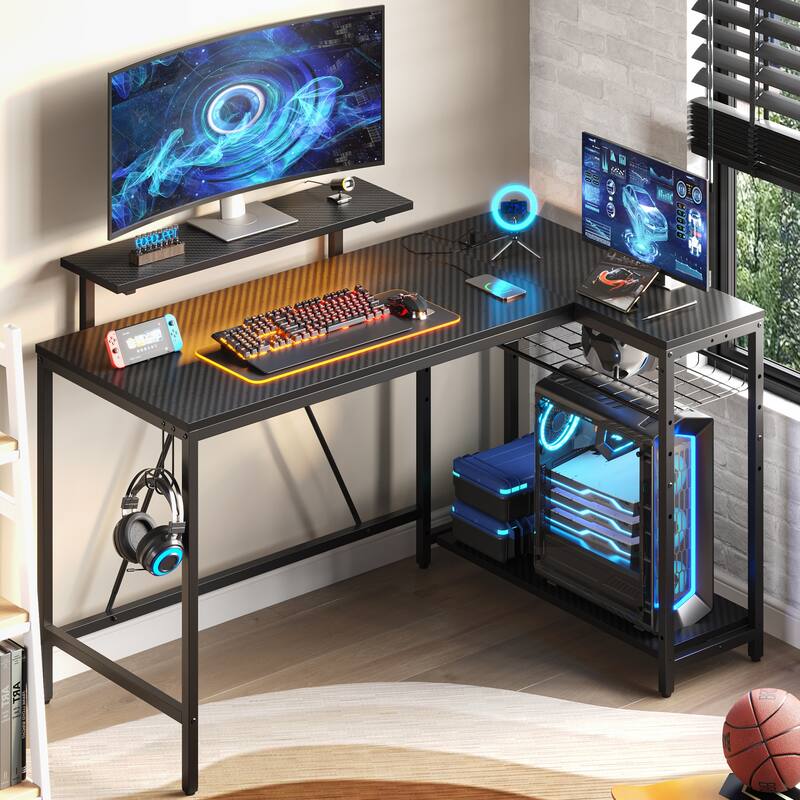 Reversible L Shaped Desk LED Computer Desk with Power Outlets and Monitor Stand Office Desk