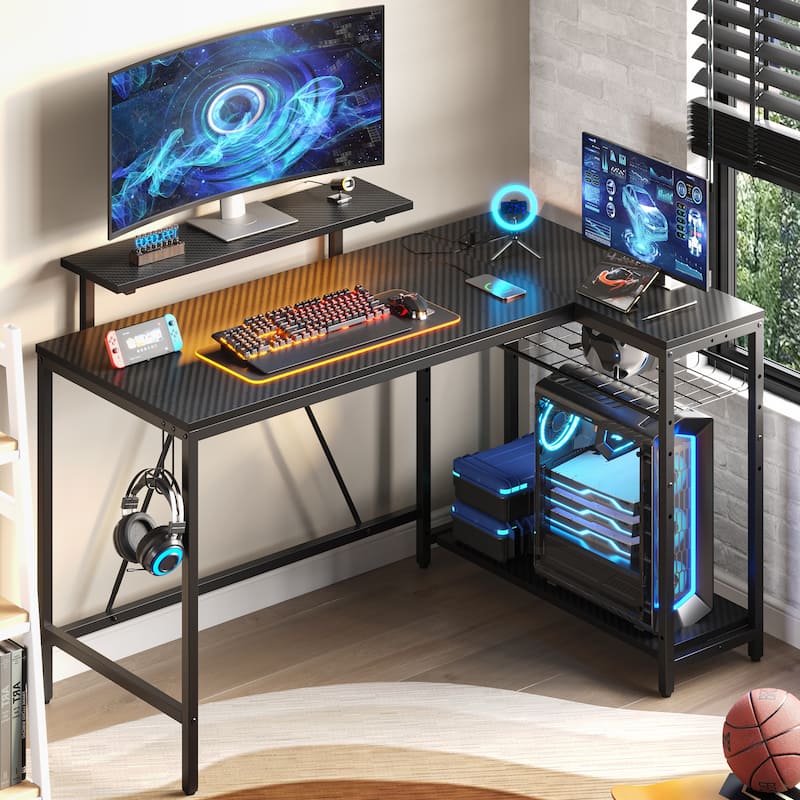 Reversible L Shaped Desk LED Computer Desk with Power Outlets and Monitor Stand Office Desk