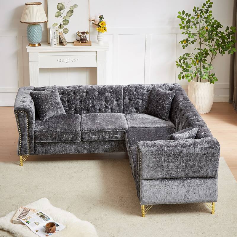 Grey 81.5'' L-Shaped 5-Seater Chenille Sectional Sofa with 3 Cushions, Stylish Corner Couch for Living Room, Bedroom