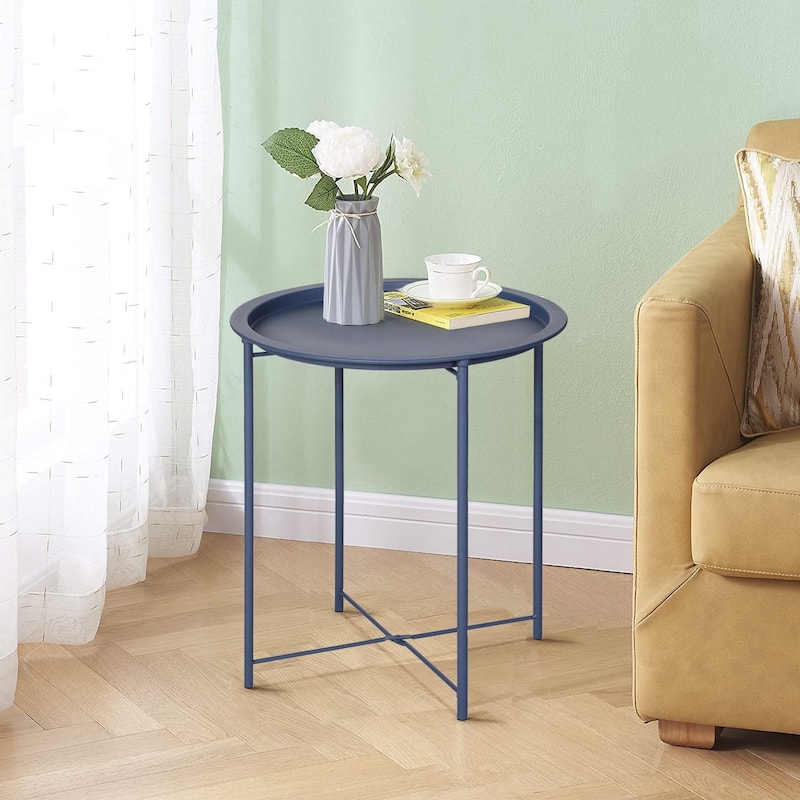 VECELO 1/2-Pack Blue Modern Side Table/ End Table with Round Removable Tray X-Shape Frame for Living Room or Bedroom