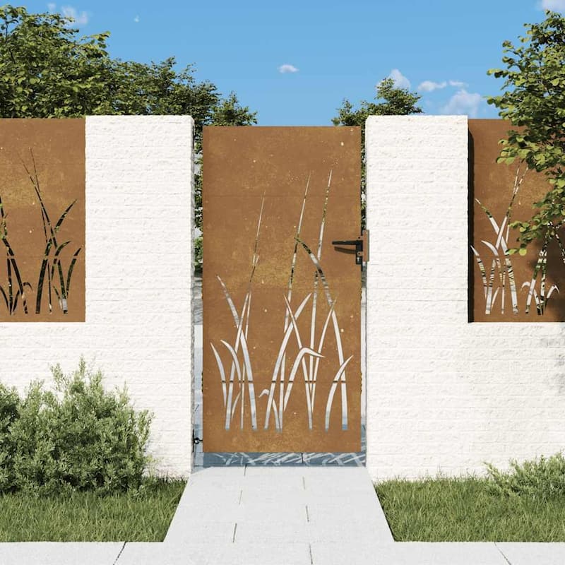 vidaXL Garden Gate Decorative Door Outdoor Fence Corten Steel Grass Design - 33.5 x 1.2 x 78.7"
