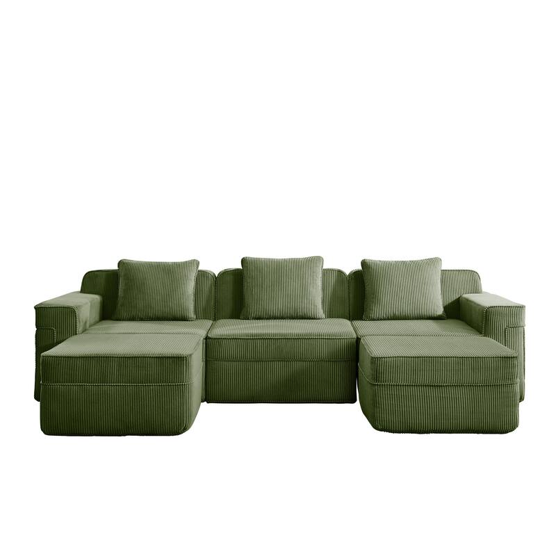 GDFStudio - Corduroy Modular 3-Seater 117.3" U-Shaped Boneless Cloud Sofa with 2 Ottomans