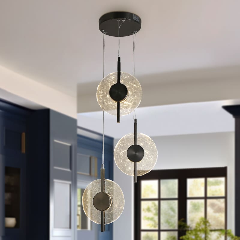 Modern LED 3-Light Black Chandelier Cluster Textured Glass Pendant for Kitchen Island - Gold