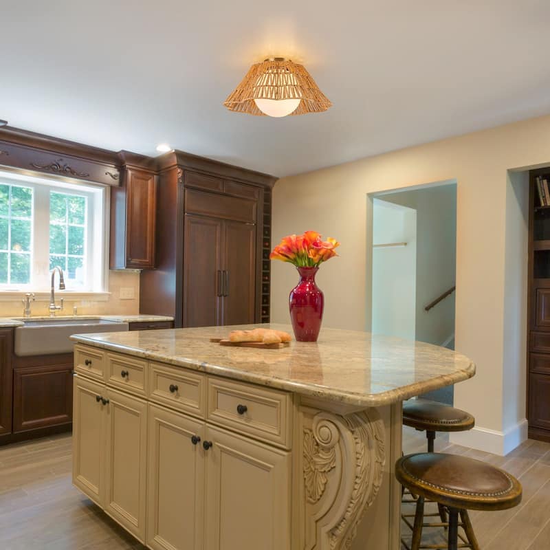 17.9'' Frosted Glass Natural Rattan Semi Flush Mount 1-Light