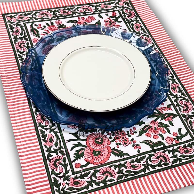 Cotton Floral Block Print Tablecloth Collection - Set of 4 Placemats - Rose Pink