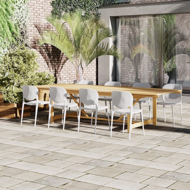 Amazonia Outdoor Patio 9pc Pentel Patio Extendable Dining Set - Light Wood Finish and White Chairs