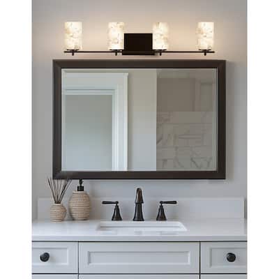 Justice Design Alabaster Rocks! Era 4-light Dark Bronze Bath Bar, Alabaster Rocks Square w/ Flat Rim Shade