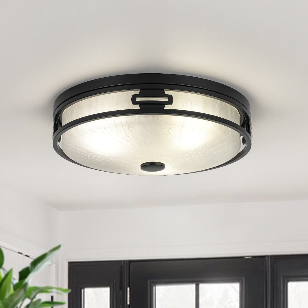 Modern Crackle Glass Round Drum Flush Mount Entryway Foyer