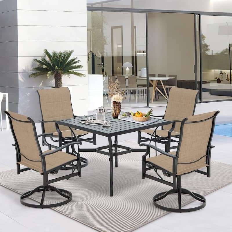 Erommy Outdoor Patio Dining Set with Swivel Rocker Chairs, Metal Table with Umbrella Hole, Patio furniture for Backyard