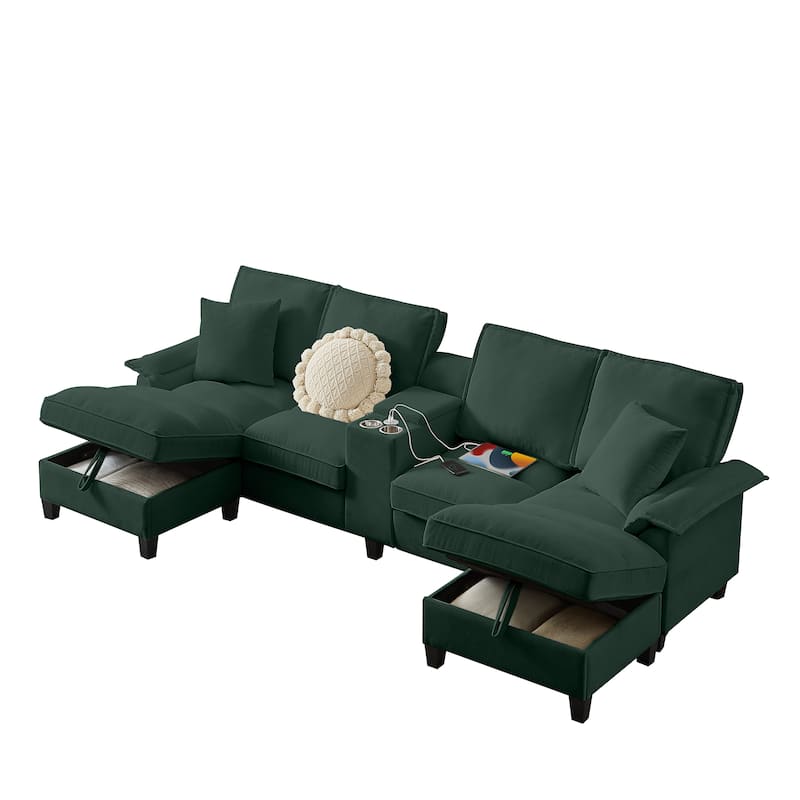 Corduroy U-shaped Sectional Sofa with Double Storage Chaise Lounge, Console Table with Charging Station, Box and Cup Holders