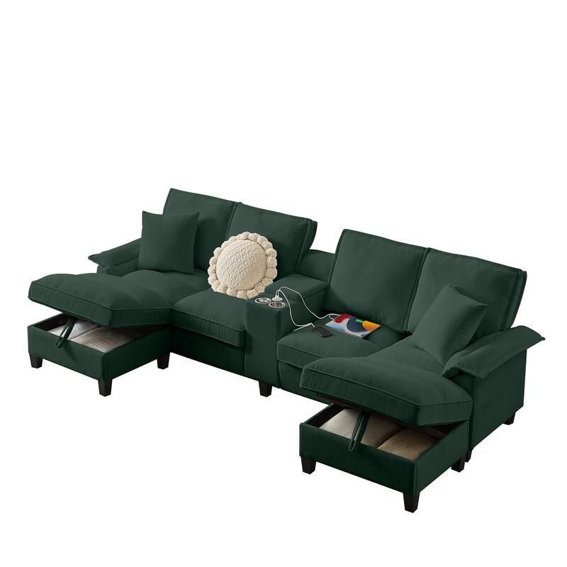 Sectional Sofa Bed Sleeper Sofa with Storage, U-Shaped 4-Seater Chaise Lounge Sofa with Cup Holders & USB Charge