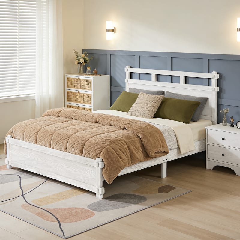 Christopher Knight Home - Farmhouse Platform Bed Frame with 2-Tier Headboard & Solid Wood Slat Support, No Box Spring Required - Antique White - Queen