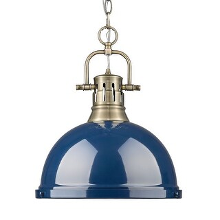 Yep by Golden Lighting Duncan 1-light 14in Chain Hung Pendant in Aged Brass and Navy Blue shade