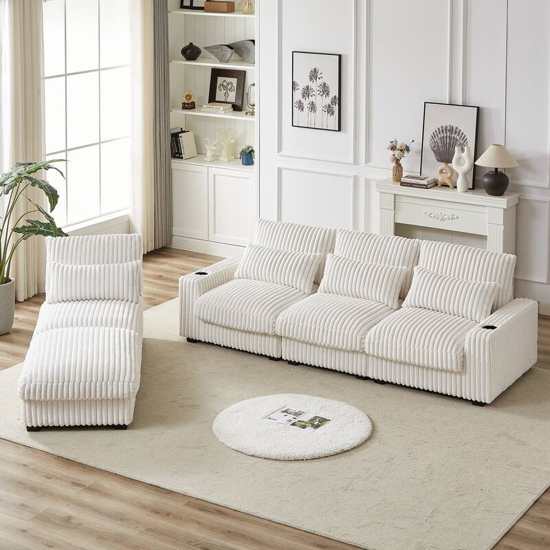 126" Corduroy L-Shaped Sectional Sofa with USB & Cup Holders