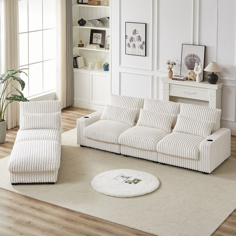 Super Large 126-Inch Corduroy L-Shaped Sofa with Cup Holders, USB Port, Movable Footrest, and 8 Cushions.