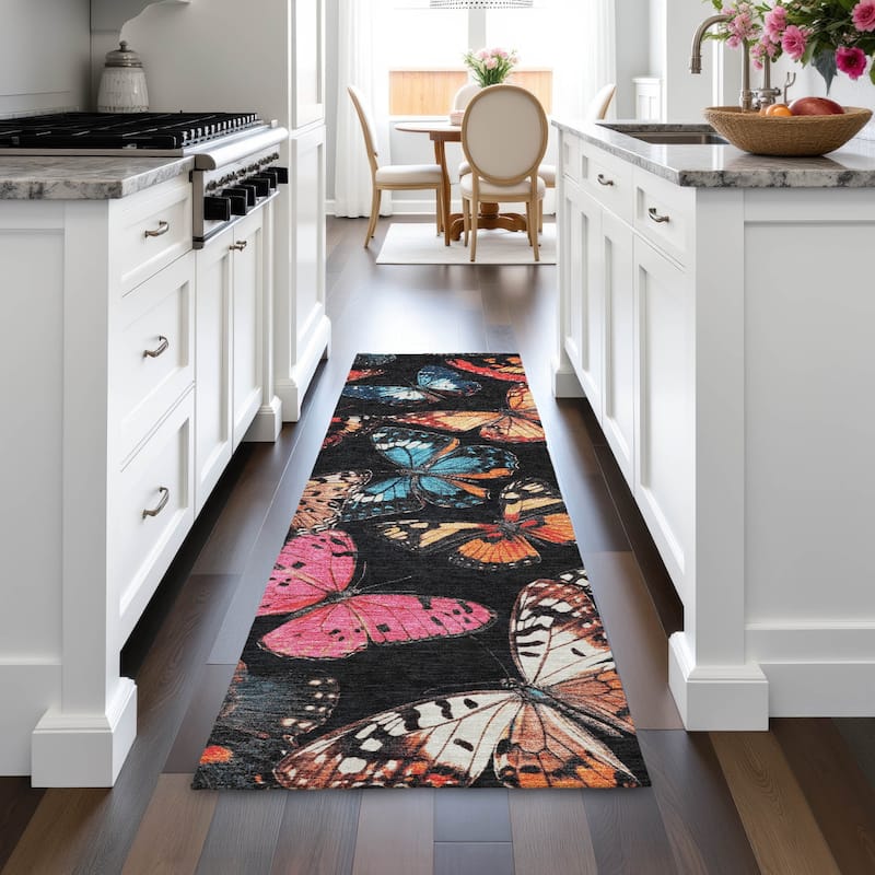 Machine Washable Indoor/Outdoor Butterflies Chantille Rug