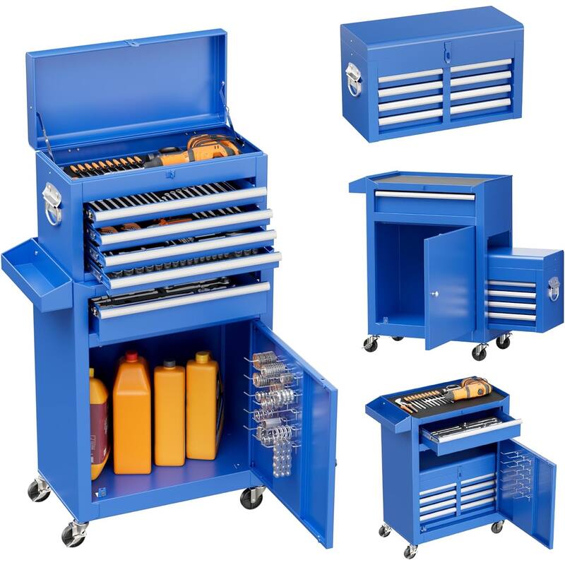 5 Drawer 2 in 1 Rolling Tool Chest Storage Box Garage Rolling Cabinet with Detachable Top Tool Box and Universal Lockable Wheels - Blue