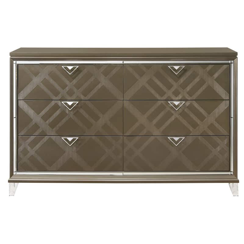 6 Drawer Wooden Dresser with Mirror Accent and Acrylic Legs, Taupe Brown