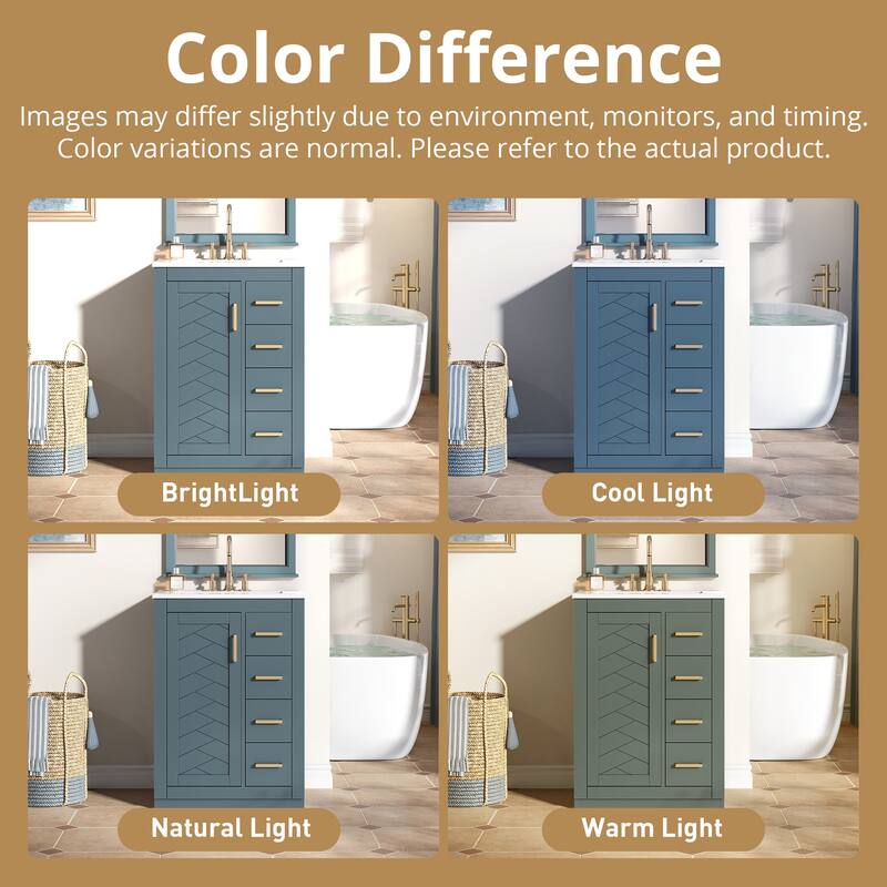 24 Inch Bathroom Vanity with Integrated Ceramic Sink, Storage Cabinet with 1 Door and 3 Drawers for Small to Medium Bathroom