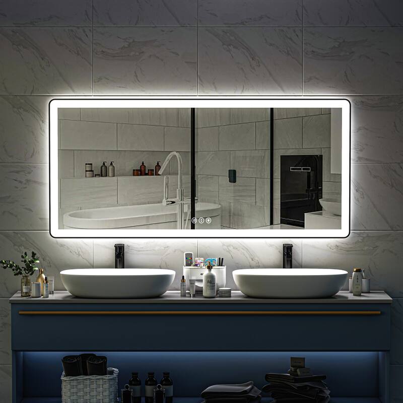 TOOLKISS Black Frame Anti-Fog Dimmable LED Light Vanity Bathroom Mirror with Backlit and Front Light
