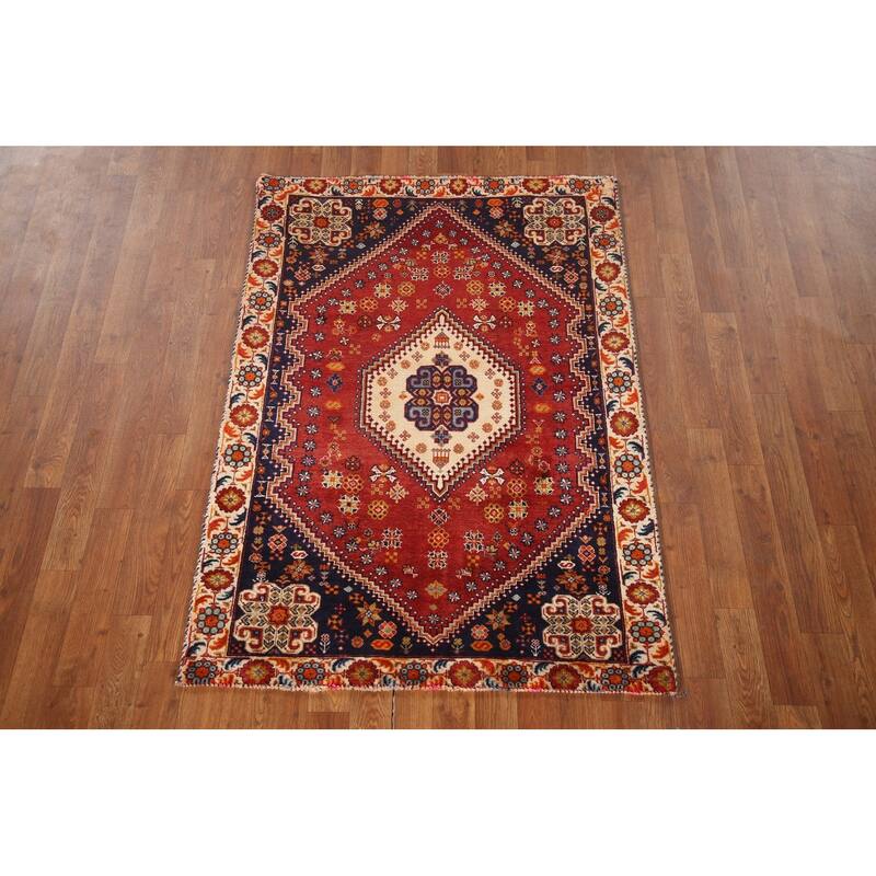 Shiraz Persian Vintage Area Rug Handmade Geometric Red Wool Carpet - 3'2"x 4'10"