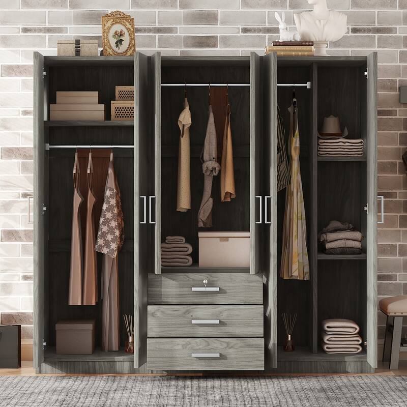 GDFStudio - Caldra 6-Door Wooden Wardrobe with Large Drawers and Contemporary Storage Design - 6-Doors Wooden Wardrobe Storage