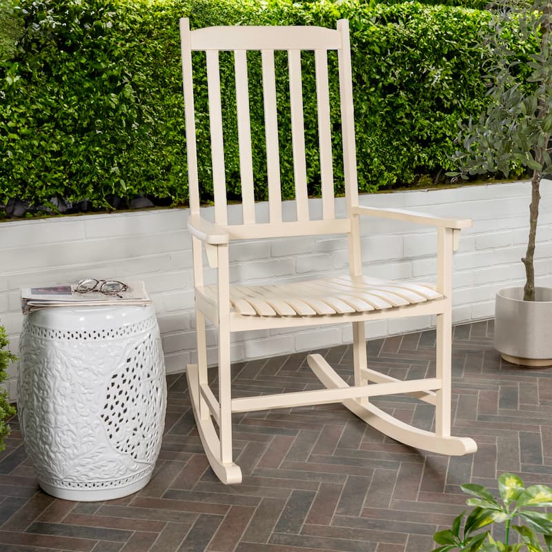 Parker Farmhouse Classic Slat-Back 350-LBS Support Acacia Wood Outdoor Rocking Chair, by JONATHAN Y