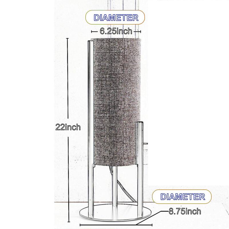 Modern Table Lamp, Upright Beige Linen Drum Shade, Black Metal 22 Inch