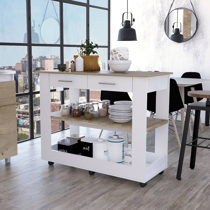 2-Shelf Kitchen Island,Storage Island with 2 Drawers