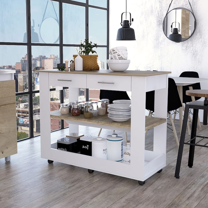 Rockaway 2-Drawer 2-Shelf Kitchen Island White and Light Oak - White