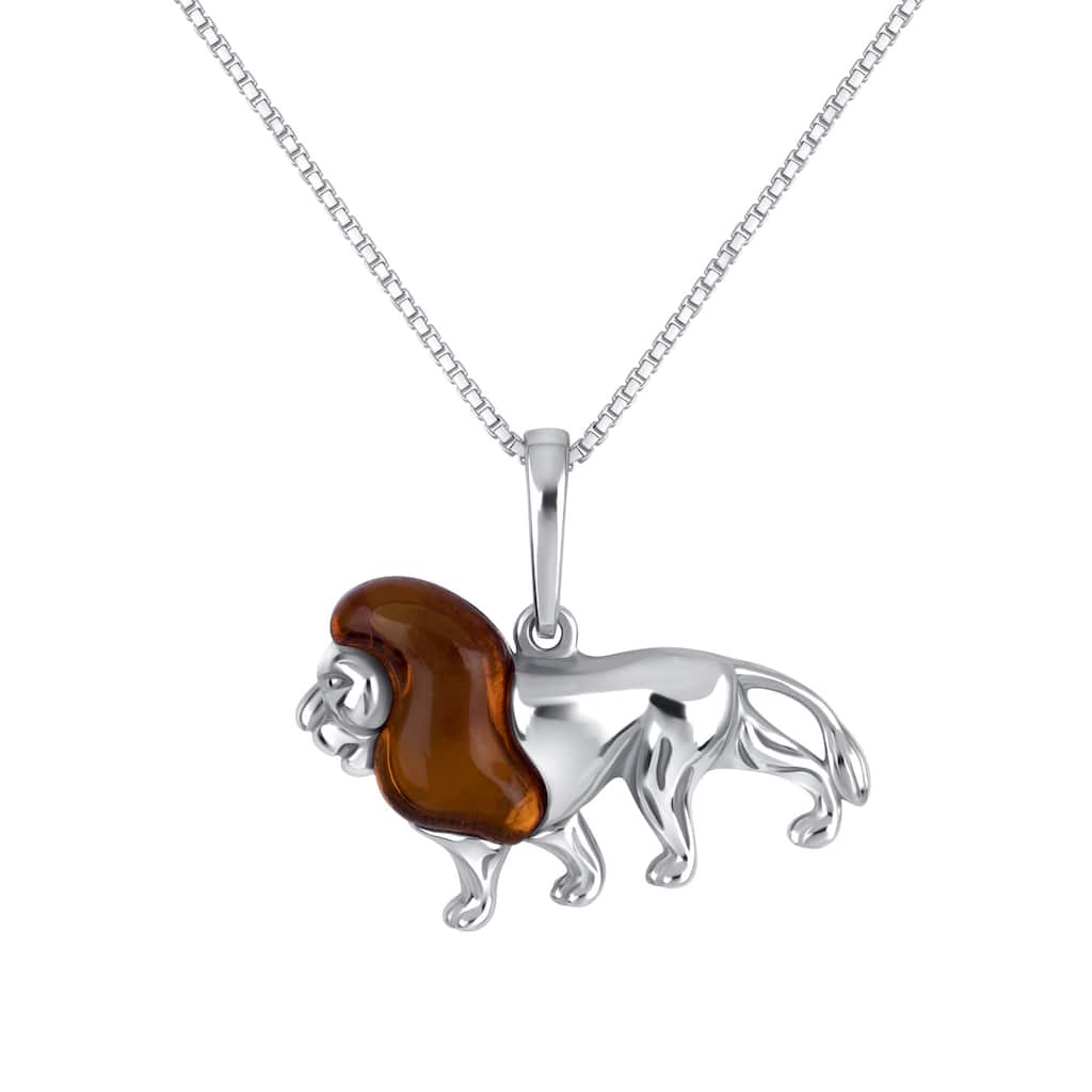 Baltic Amber Lion Pendant Necklace in Sterling Silver