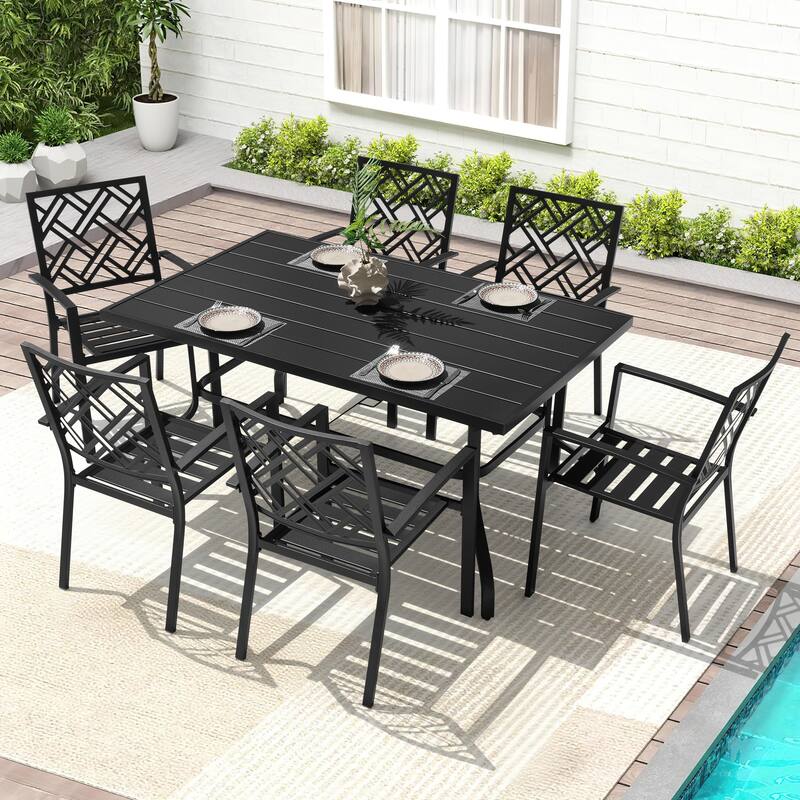 Patio 2-Piece Iron Dining Chairs with Ventilated Slatted Seat and Stackable Design