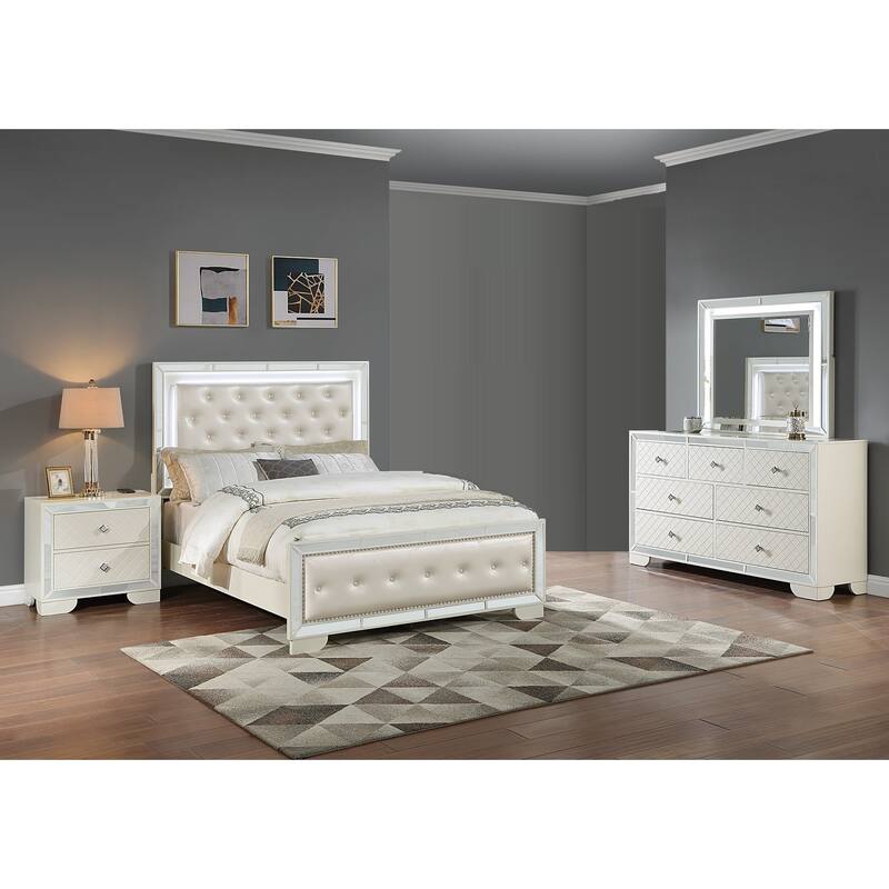 Transitonal Style 4pc Bed Set Diamond Knob Handles LED Lights Cream Finish Bedroom Furniture