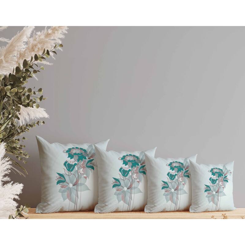 Flowers Line Art Faux Suede Reversible Throw Pillow Mint and Green