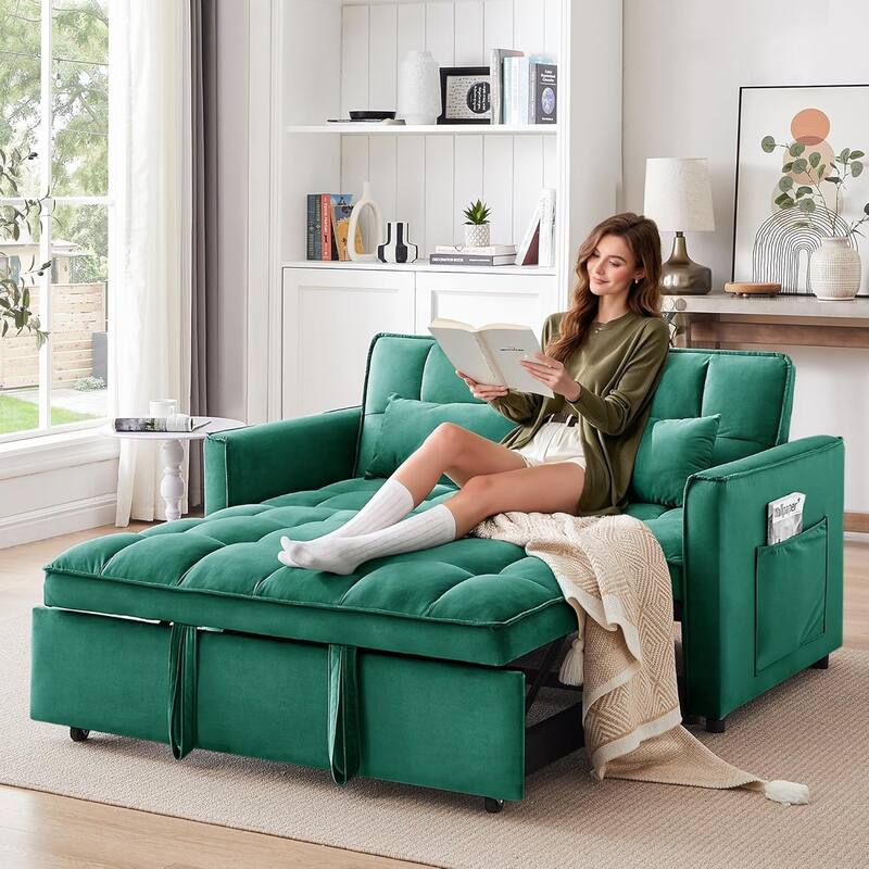3 in 1 Convertible Sleeper Sofa Bed, Futon Couches for Living Room with Side Pocket, Adjustable Backrest - Green