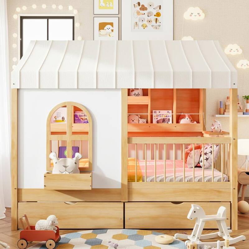 Full-Size House Bed with Bookshelf, USB Charging Station & Tent Roof by Harper&Bright Designs