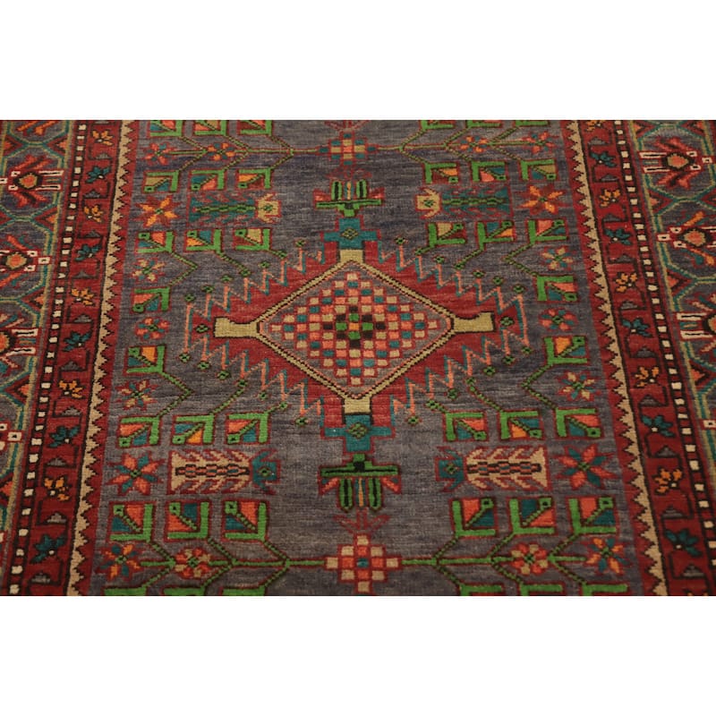 Hand Knotted Oriental 100% Wool Carpet Traditional Geometric Navy Blue & Blues Heriz Runner Rug - 10' 6'' X 3' 8''