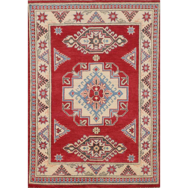 Geometric Red Kazak Accent Rug Hand-Knotted Wool Carpet - 3'4" x 4'9"