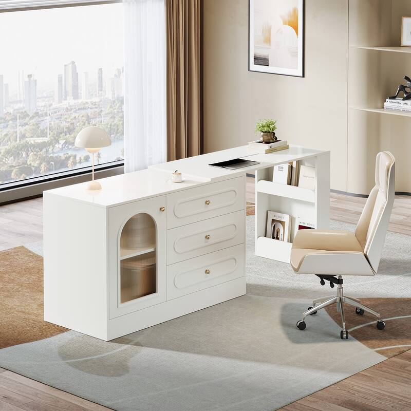 Modern 360° Rotatable Computer Desk with 3 Drawers, L Shaped Corner Executive Desk